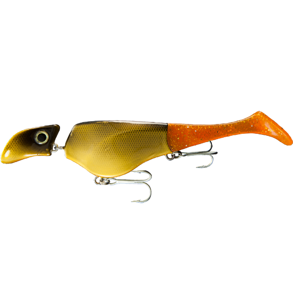 Fishing lure with a gold and orange body on a white background