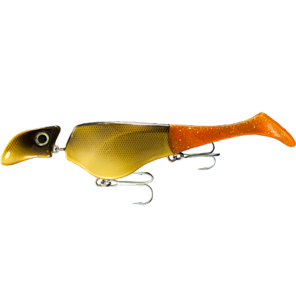 Fishing lure with a gold and orange body on a white background