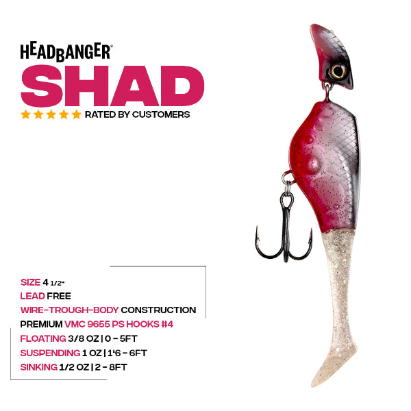 Fishing lure with red and white body on a white background, featuring product details.