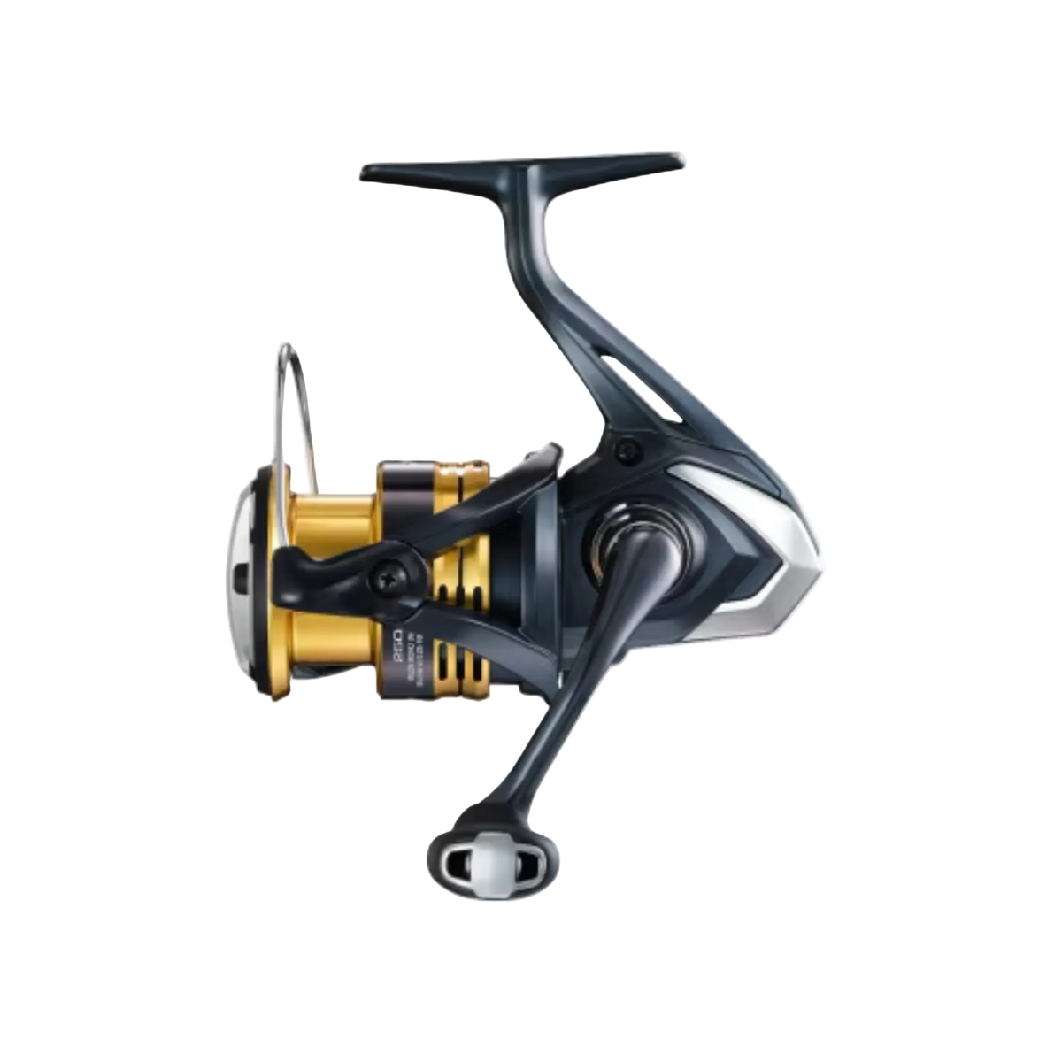 Fishing reel with gold and black components on a white background