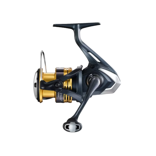 Fishing reel with gold and black components on a white background