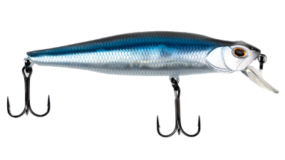 Fishing lure with a blue and silver body on a white background
