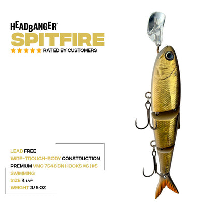 Headbanger Spitfire fishing lure shown on a white background with product text callouts. The lure is a metallic gold and bronze swimbait with a clear diving lip and two treble hooks.