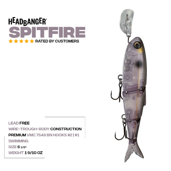 Headbanger Spitfire fishing lure with product details on a white background
