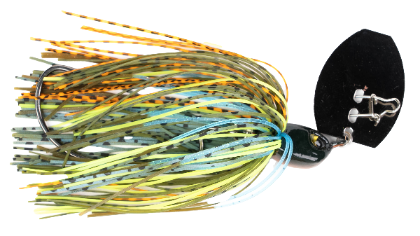 Fishing lure with multicolored skirt and black top on a white background