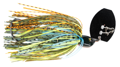 Fishing lure with multicolored skirt and black top on a white background