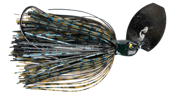 Fishing lure with black and blue skirt on a white background