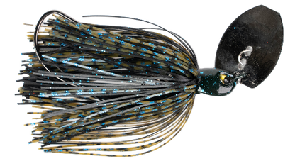 Fishing lure with black and blue skirt on a white background