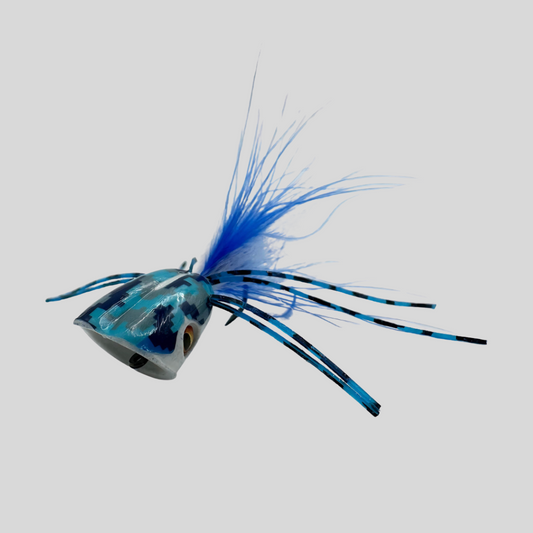Surface Seducer Double Barrel Camo Bass Bug Popper | EVA Foam | Deep Cup | Camouflage Body | Matching Legs & Tail | #2 & #6 | 4 Colors | Largemouth & Smallmouth Bass | Flymen