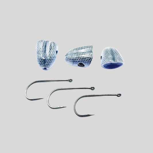 Surface Seducer Double Barrel Ready-to-Tie Popper Bodies | Pre-Airbrushed, Pre-Drilled & Dragon Eyes Installed | Kona BGC Hooks Included | Large & X-Large | White/Grey | Bass, Pike & Big Game | Flymen
