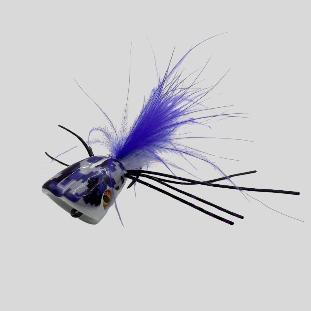 Surface Seducer Double Barrel Camo Bass Bug Popper | EVA Foam | Deep Cup | Camouflage Body | Matching Legs & Tail | #2 & #6 | 4 Colors | Largemouth & Smallmouth Bass | Flymen