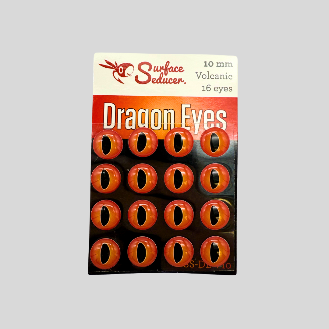 Surface Seducer Dragon Eyes | Fly Tying Eyes | 7 Sizes 3mm–10mm | 4 Colors | 20 Per Pack | Foam Poppers & Streamer Flies | Double Barrel & Fish-Skull Compatible | Flymen