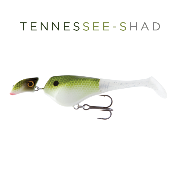Fishing lure with 'TENNESSEE-SHAD' text on a white background