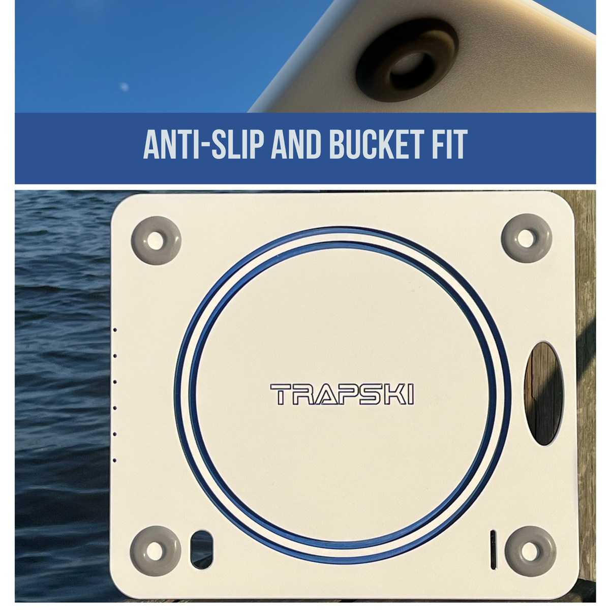 TRAPSKI Bucket Board | Made in USA | Marine-Grade HDPE | Fits 5-Gallon Buckets & Coolers | Integrated Ruler | Non-Skid Feet | Fillet, Bait Prep & Gear