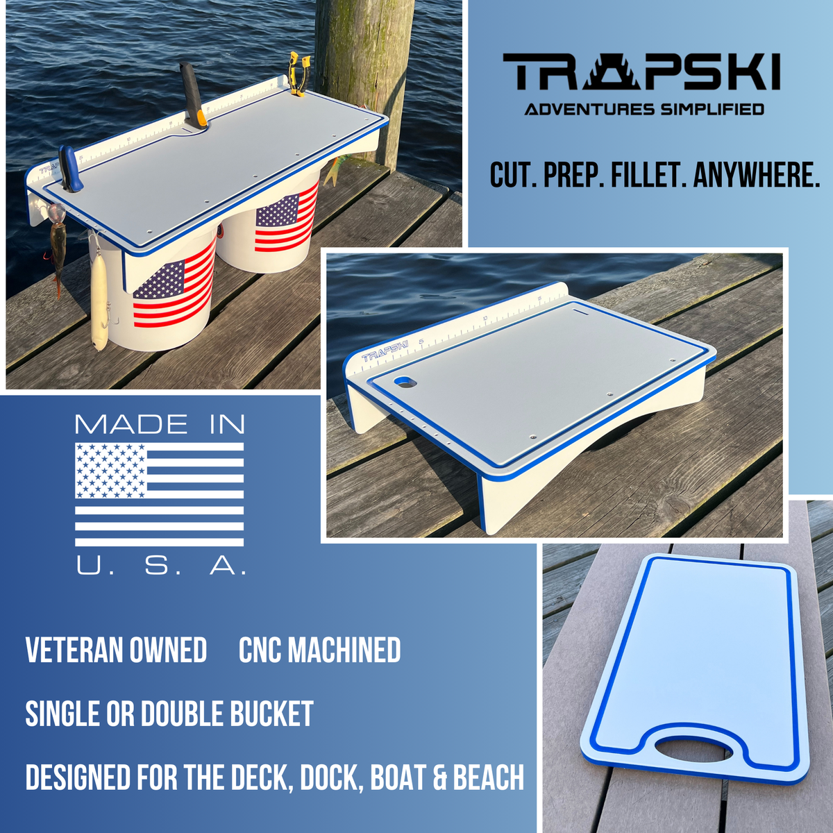 TRAPSKI Bucket Board | Made in USA | Marine-Grade HDPE | Fits 5-Gallon Buckets & Coolers | Integrated Ruler | Non-Skid Feet | Fillet, Bait Prep & Gear