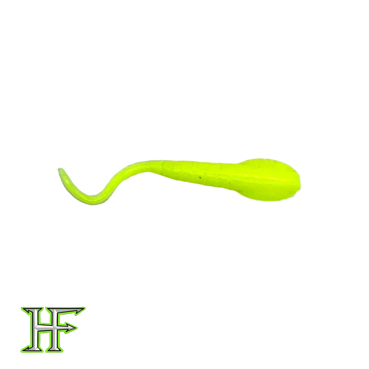 Yellow fishing lure on a white background with a brand logo at the bottom.