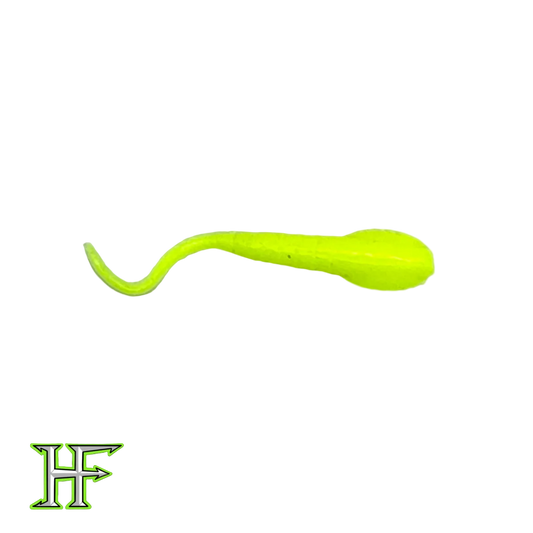 Yellow fishing lure on a white background with a brand logo at the bottom.
