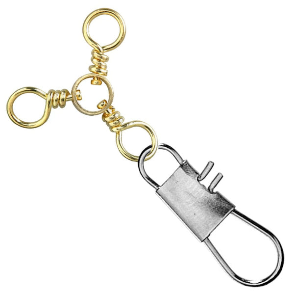 A fishing lure swivels and clip attachment featuring gold-toned metal swivels and a silver-toned metal clip, isolated on a white background.