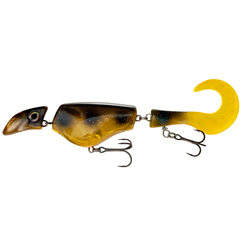 Fishing lure with a yellow treble hook on a white background