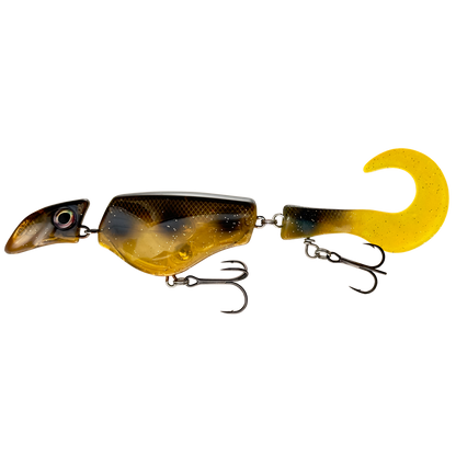 Fishing lure with a yellow treble hook on a white background