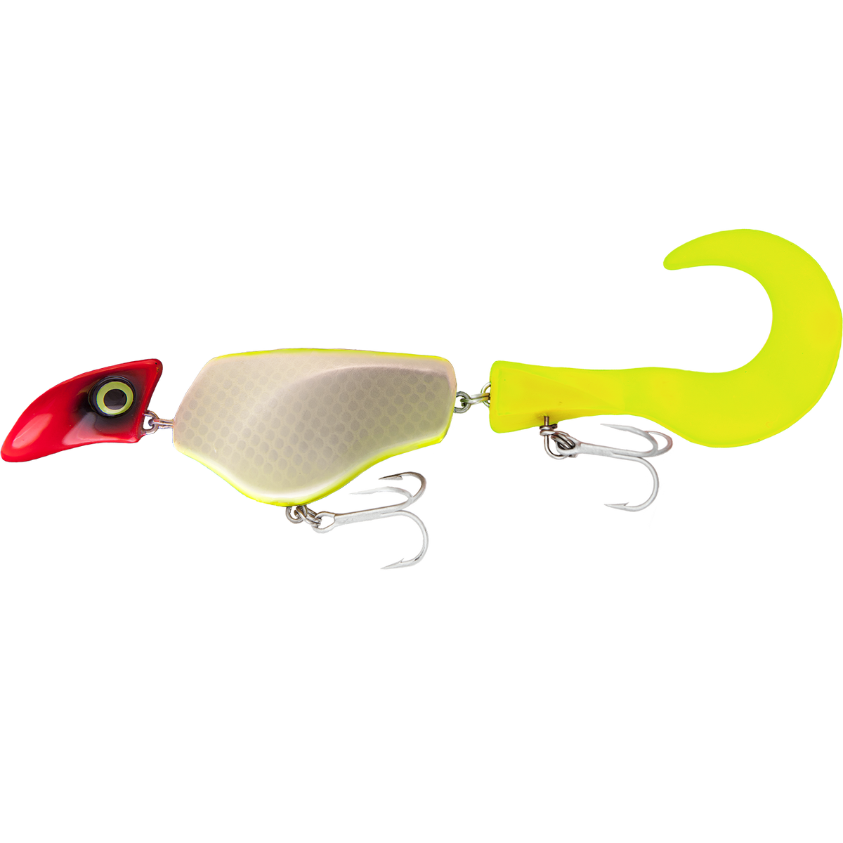 Fishing lure with a red and yellow design on a white background