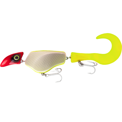 Fishing lure with a red and yellow design on a white background