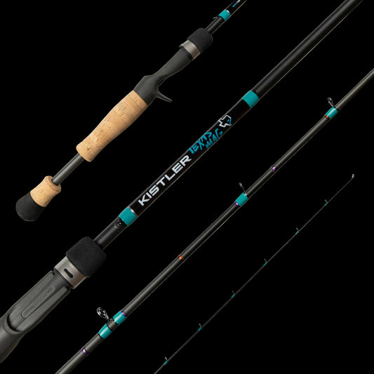 Fishing rod with cork handle and Kistler branding on a white background