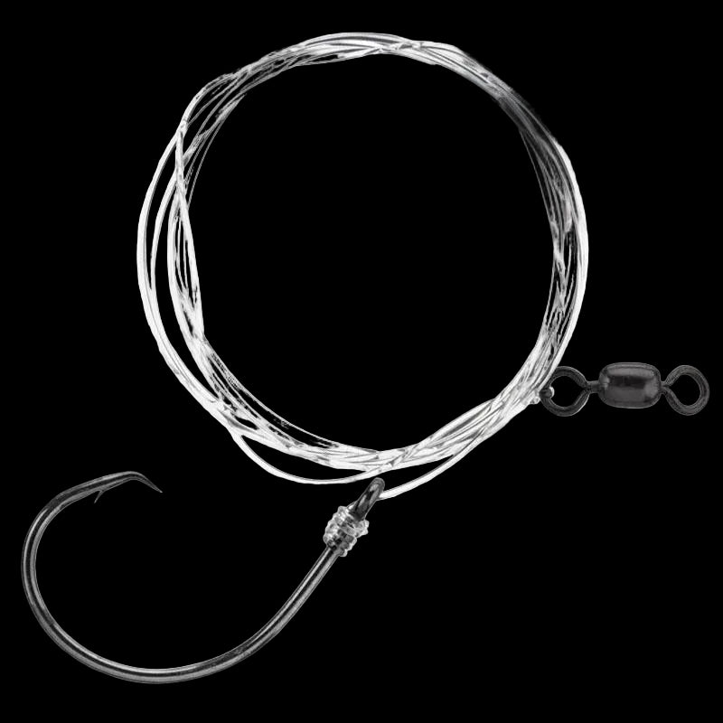 Fishing line with a hook and swivel on a white background