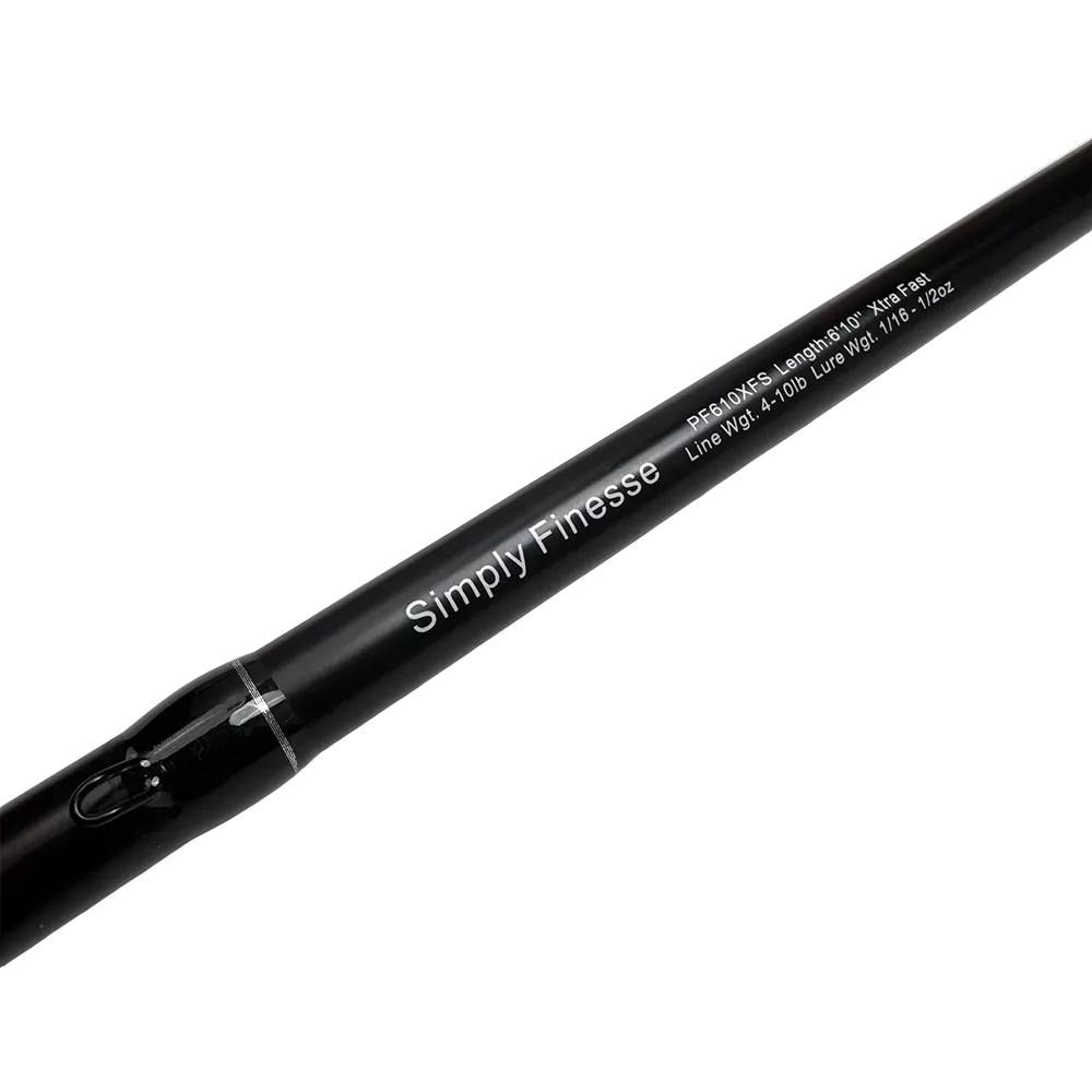 Black fishing rod with 'Simply Finesse' branding on a white background