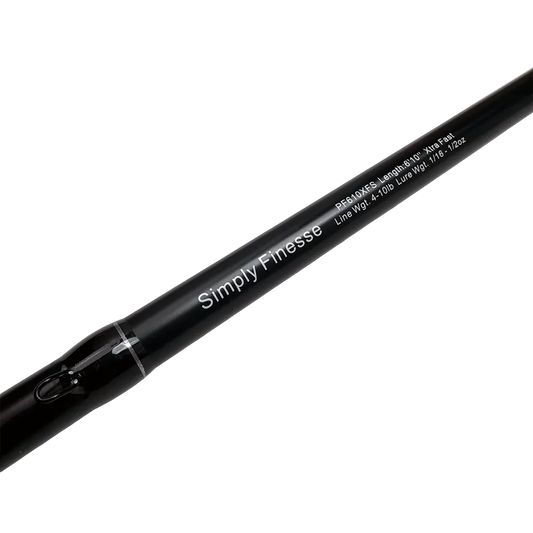 Black fishing rod with 'Simply Finesse' branding on a white background