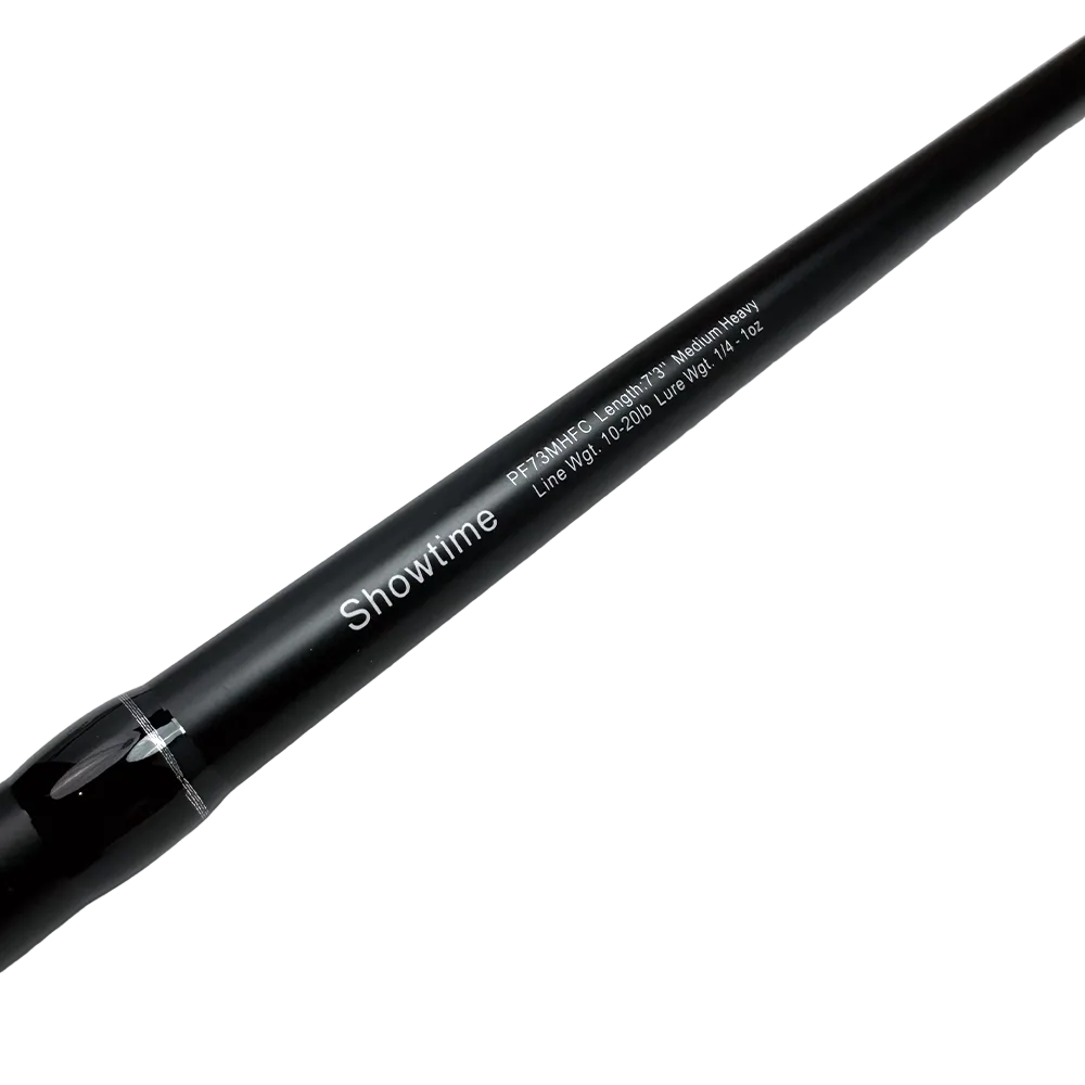Black fishing rod with 'Showtime' branding on a white background