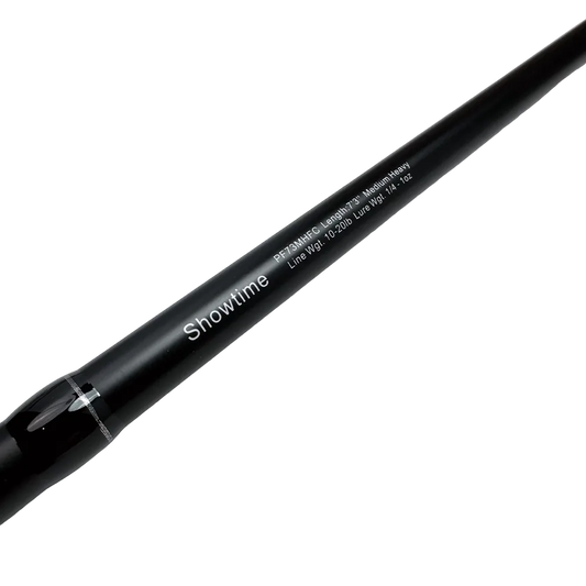 Black fishing rod with 'Showtime' branding on a white background