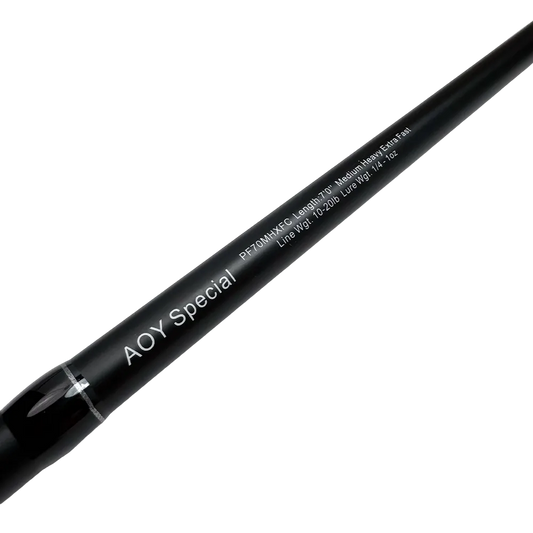 Black fishing rod with 'AOY Special' branding on a white background