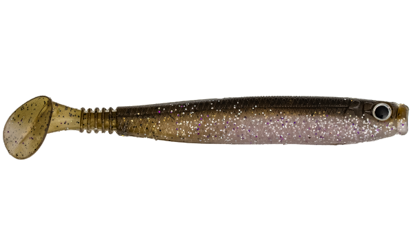 Fishing lure with a glittery body on a white background