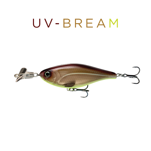Fishing lure with 'UV-BREAM' text on a white background