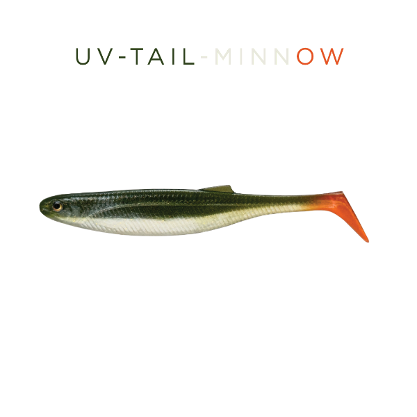 Fishing lure labeled 'UV-Tail-Minnow' on a white background