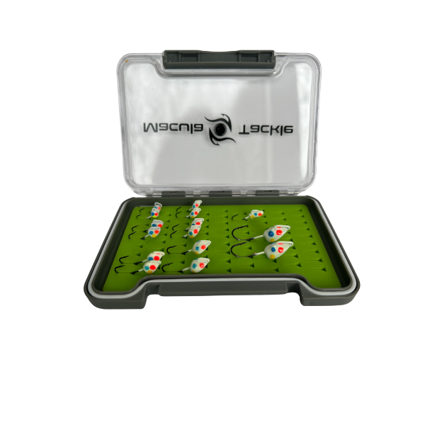 Fishing lure tray with hooks on a green surface, featuring a clear lid with a brand logo.