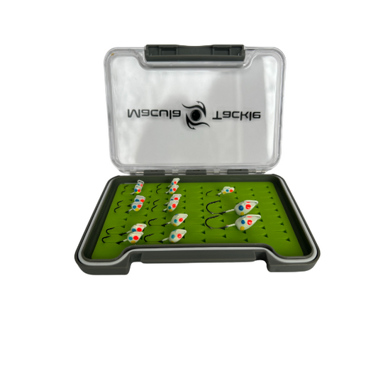 Fishing lure tray with hooks on a green surface, featuring a clear lid with a brand logo.