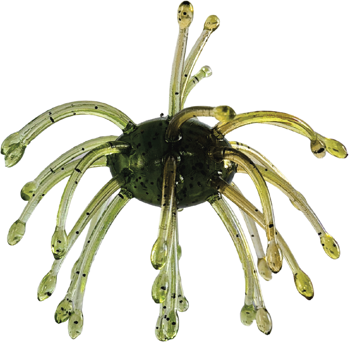 Green and clear sea urchin lure on a white background