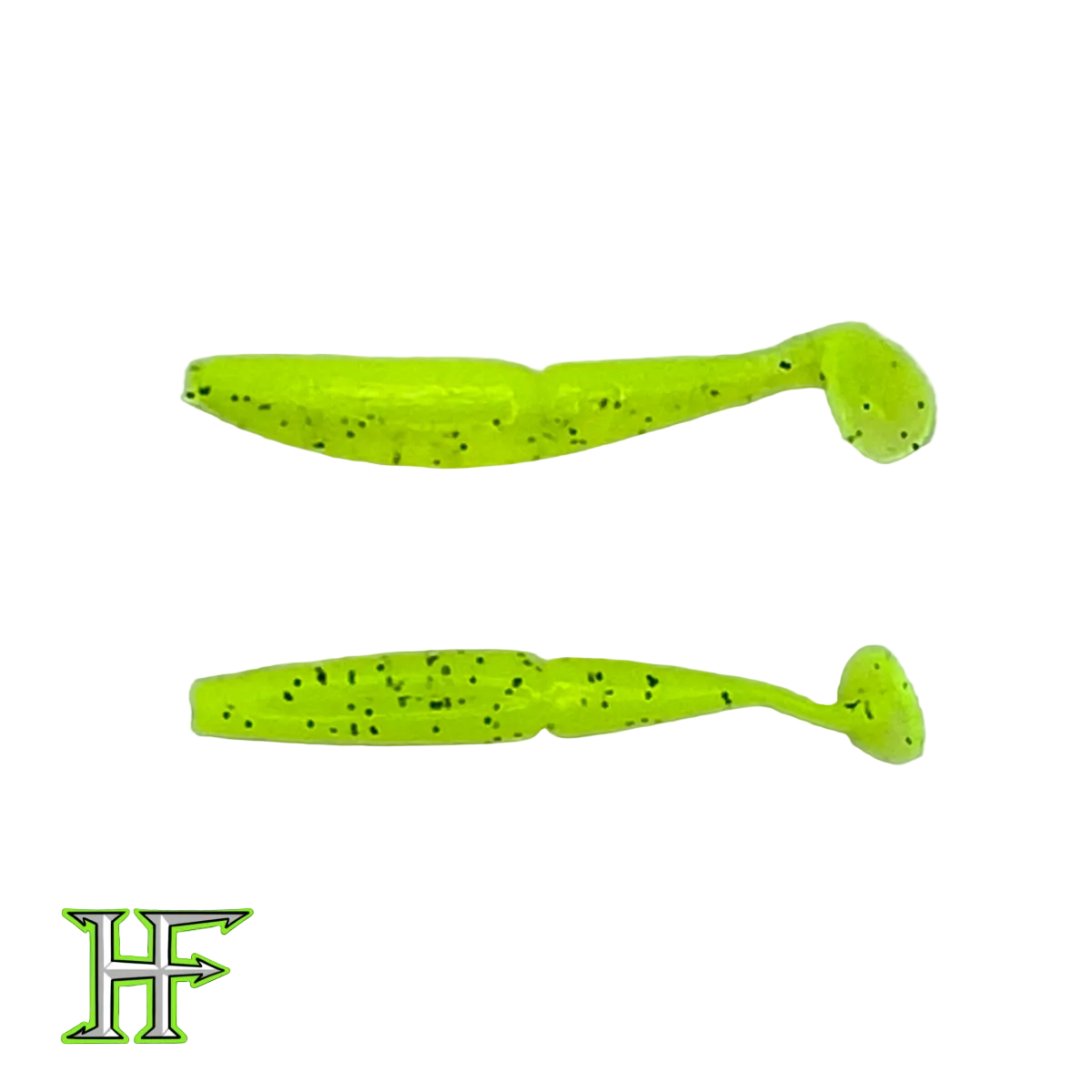 Two green fishing lures with black speckles on a white background, featuring the HF logo.