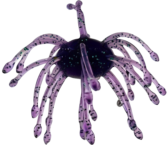 A purple spider-shaped glass art piece with translucent legs and dark speckled details, isolated on a white background.