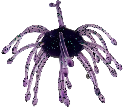 A purple spider-shaped glass art piece with translucent legs and dark speckled details, isolated on a white background.