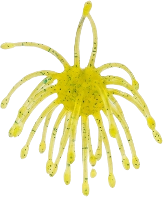 A translucent yellow silicone sea anemee or coral-like fishing lure with multiple radiating tentacles and dark green glitter flecks, isolated on a white background.