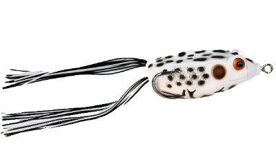 Fishing lure resembling a frog with black and white pattern on a white background
