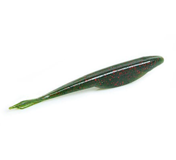 Green, fish-shaped soft plastic lure with red flakes on white.