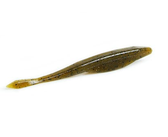A green pumpkin soft plastic fishing lure with black flakes.