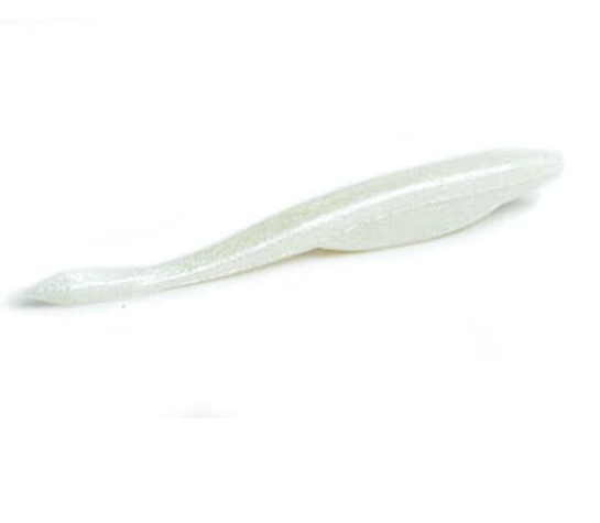 Elongated pearl white soft plastic fishing lure with a subtle sparkle.