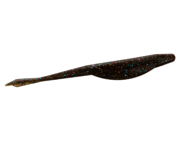 Dark brown soft plastic fishing lure with blue and red glitter.
