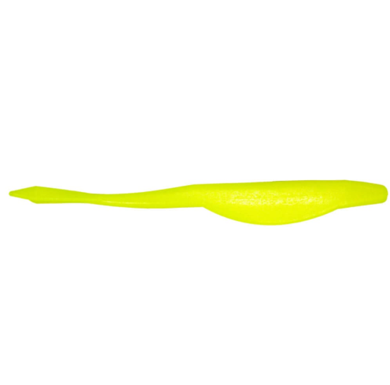 Horizontal glowstick yellow soft plastic fishing lure with a tapered body.
