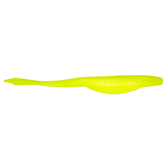 Horizontal glowstick yellow soft plastic fishing lure with a tapered body.